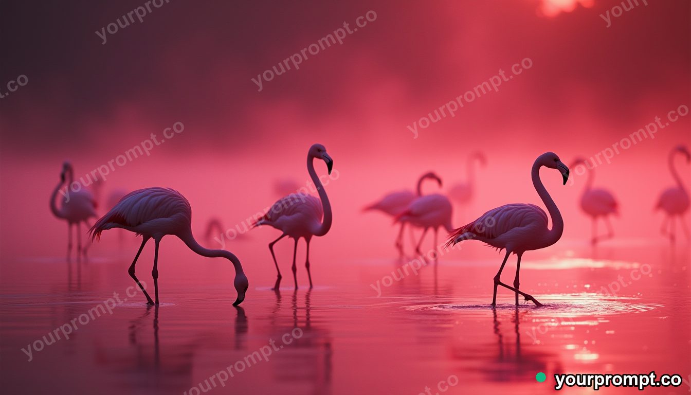 A flock of flamingos wading in a pink lagoon