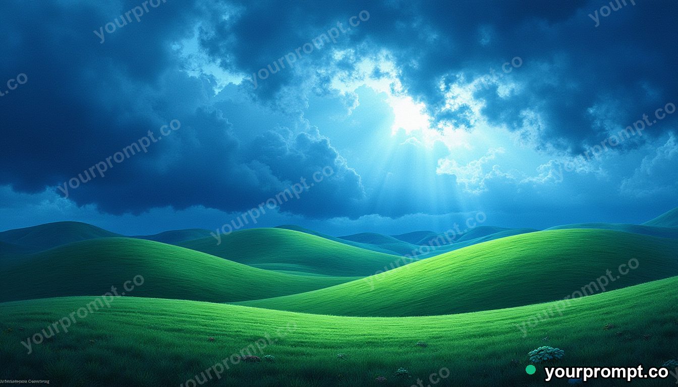 Rolling green hills under a dramatic stormy sky
