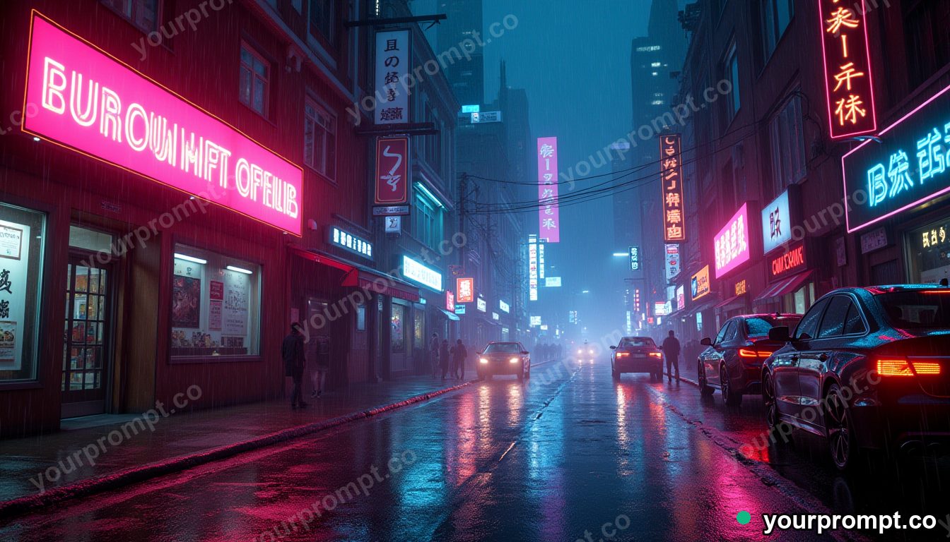 A neon cyberpunk street in the rain at night