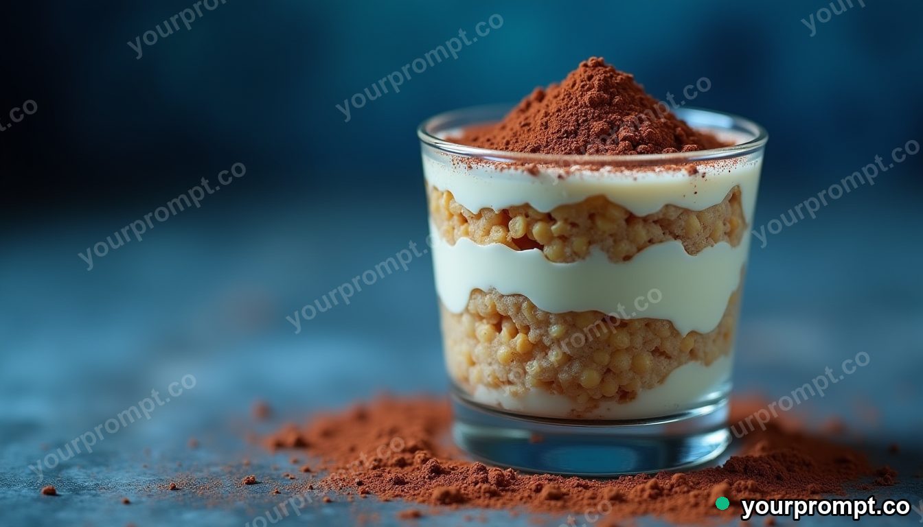 A tiramisu dusted with cocoa in a glass