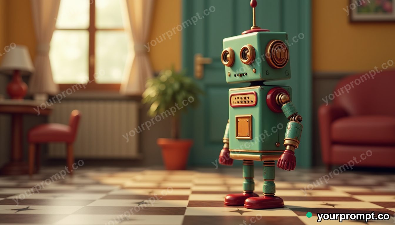 A retro 1950s tin robot on a checkered floor