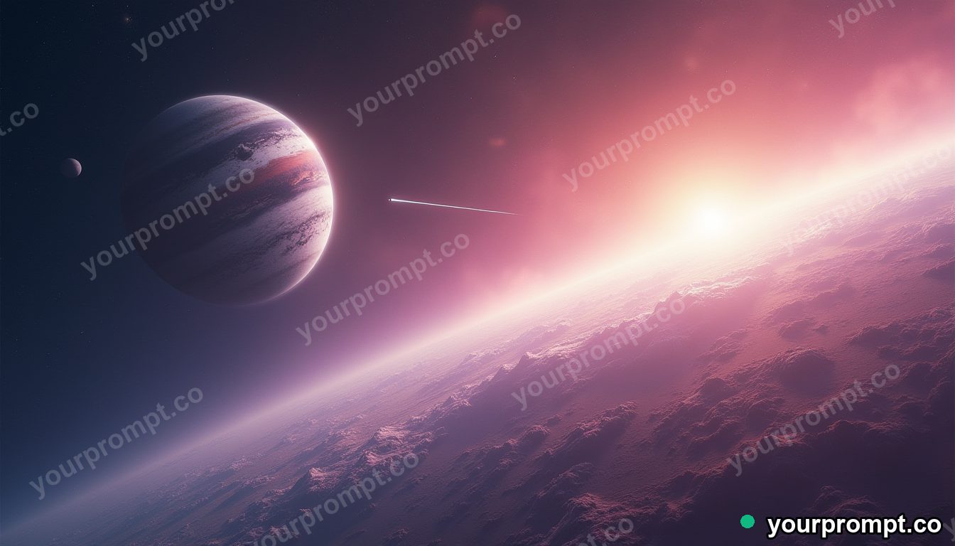 A comet streaking past a ringed planet