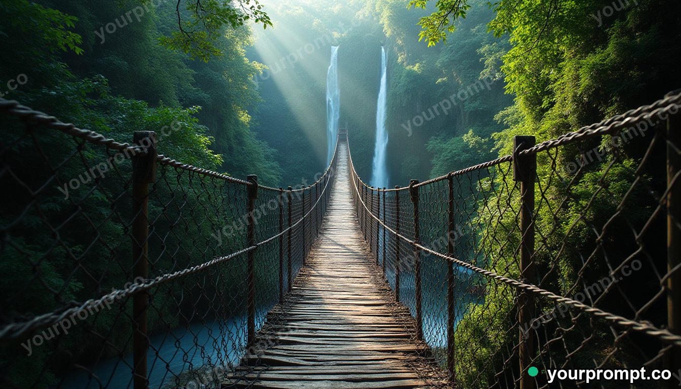 An old rope bridge over a jungle gorge