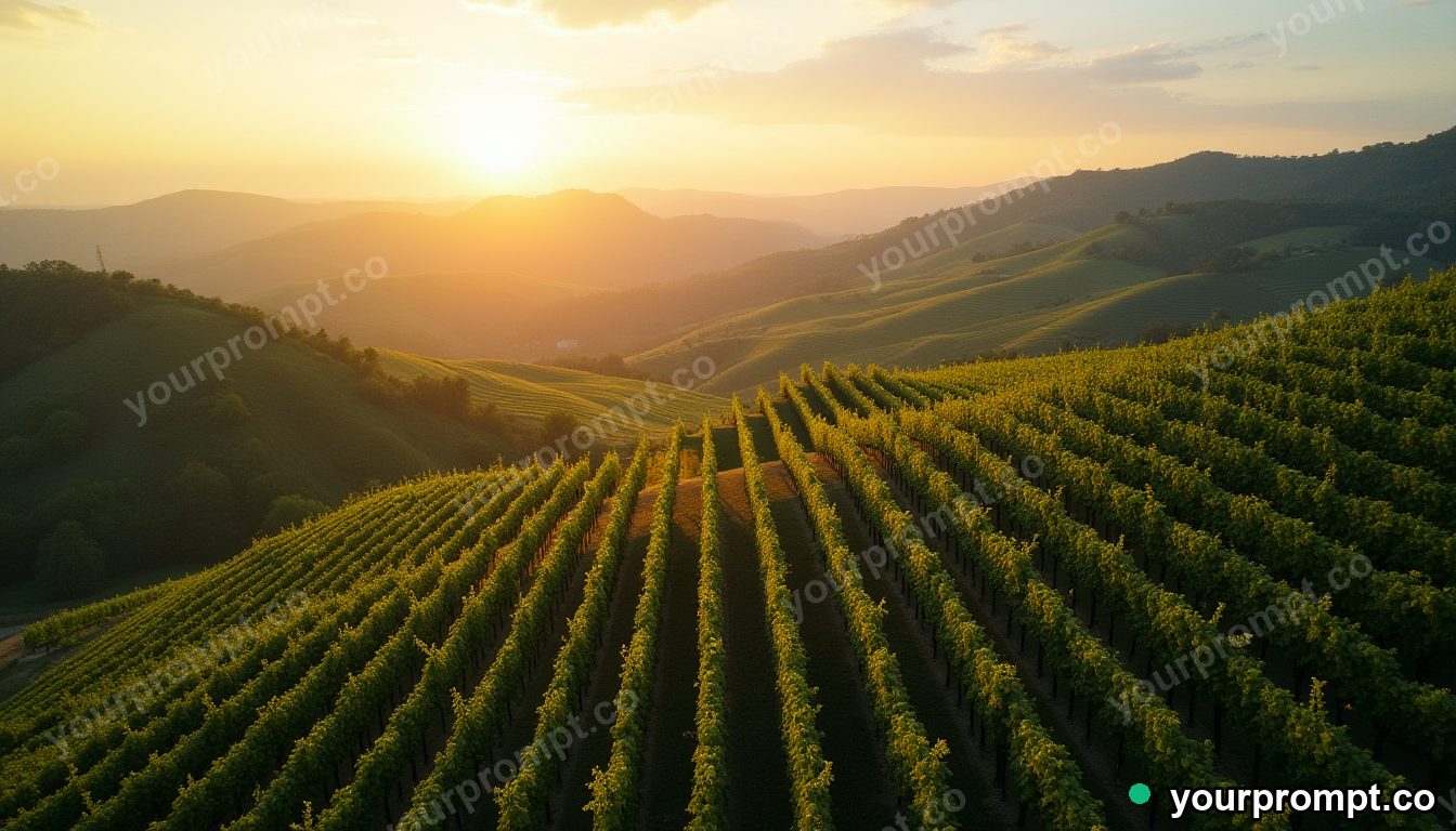 A bird's-eye view of a terraced vineyard on rolling hills