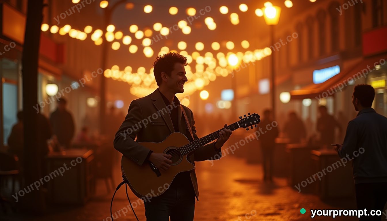 A cheerful street musician playing under fairy lights, fictional