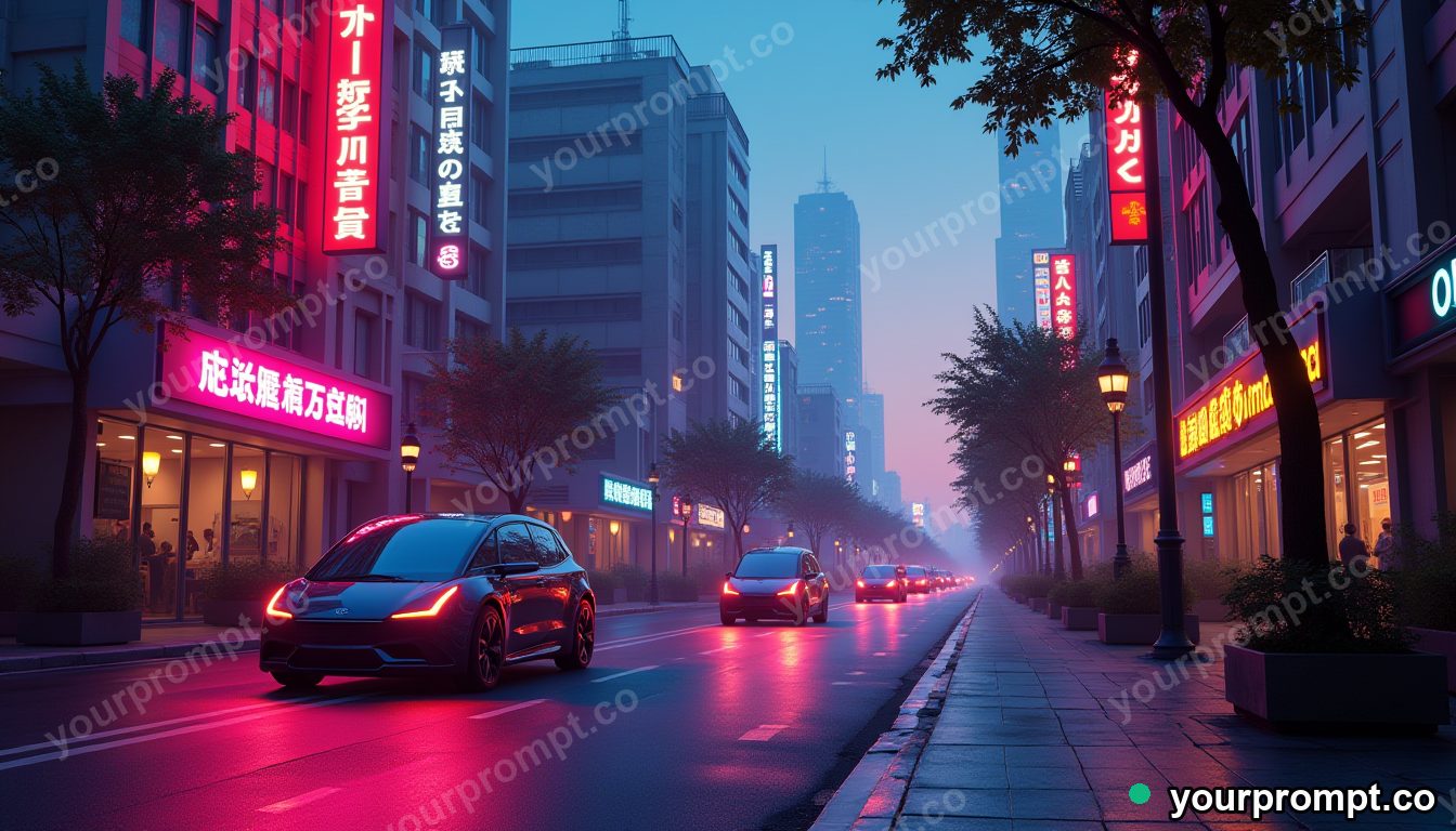 A smart city street with self-driving pods at dusk