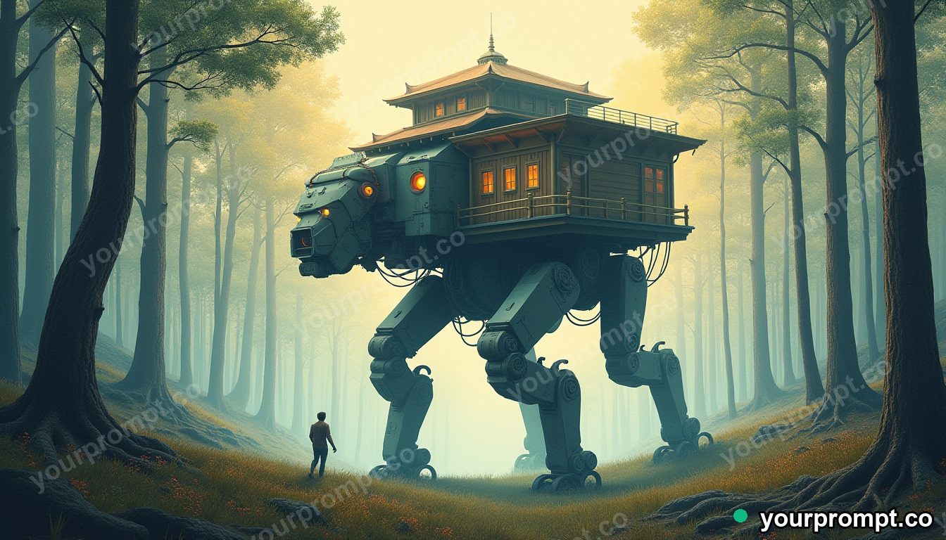 A giant walking mech-house striding through forest