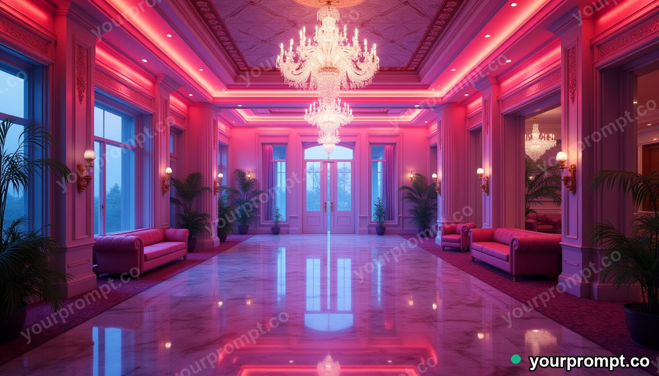 A luxurious hotel lobby with a crystal chandelier