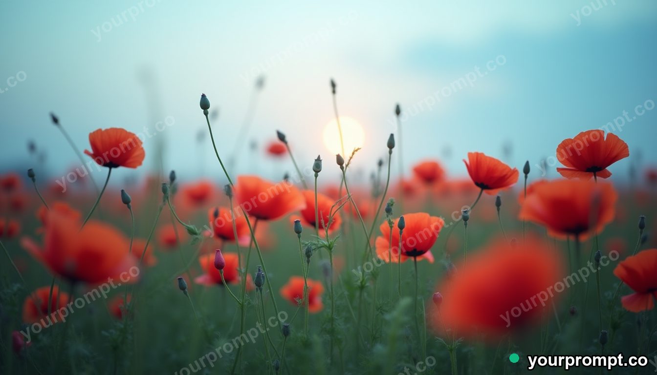 A meadow of poppies swaying in the breeze