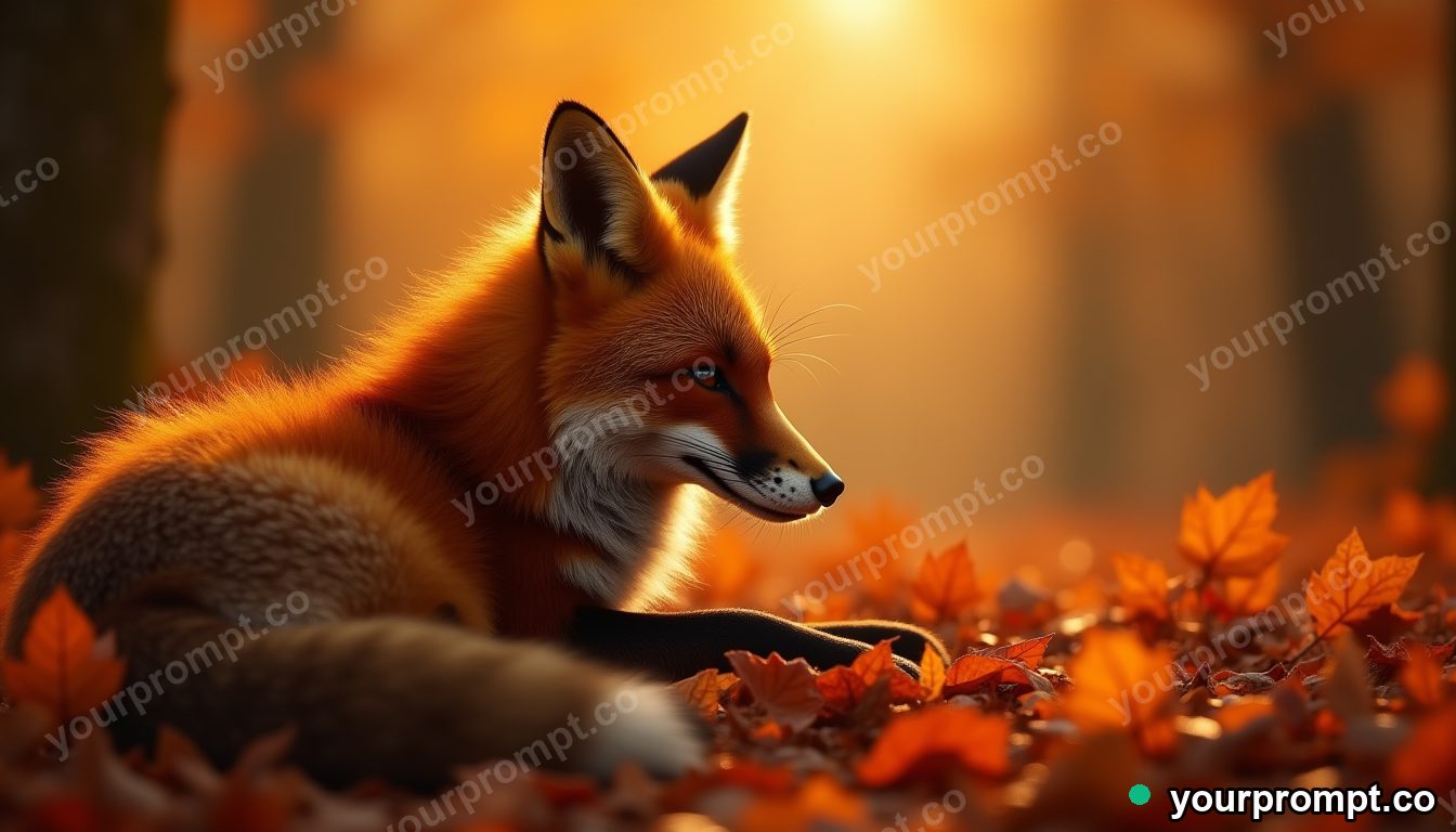 A red fox curled in autumn leaves