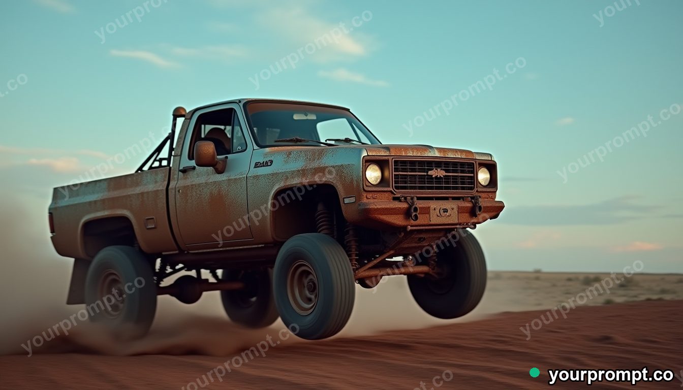 A mud-splattered rally truck mid-jump on a dirt track