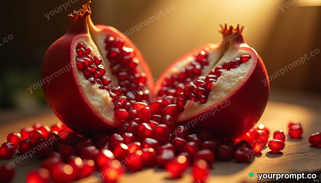 A pomegranate split open spilling ruby seeds