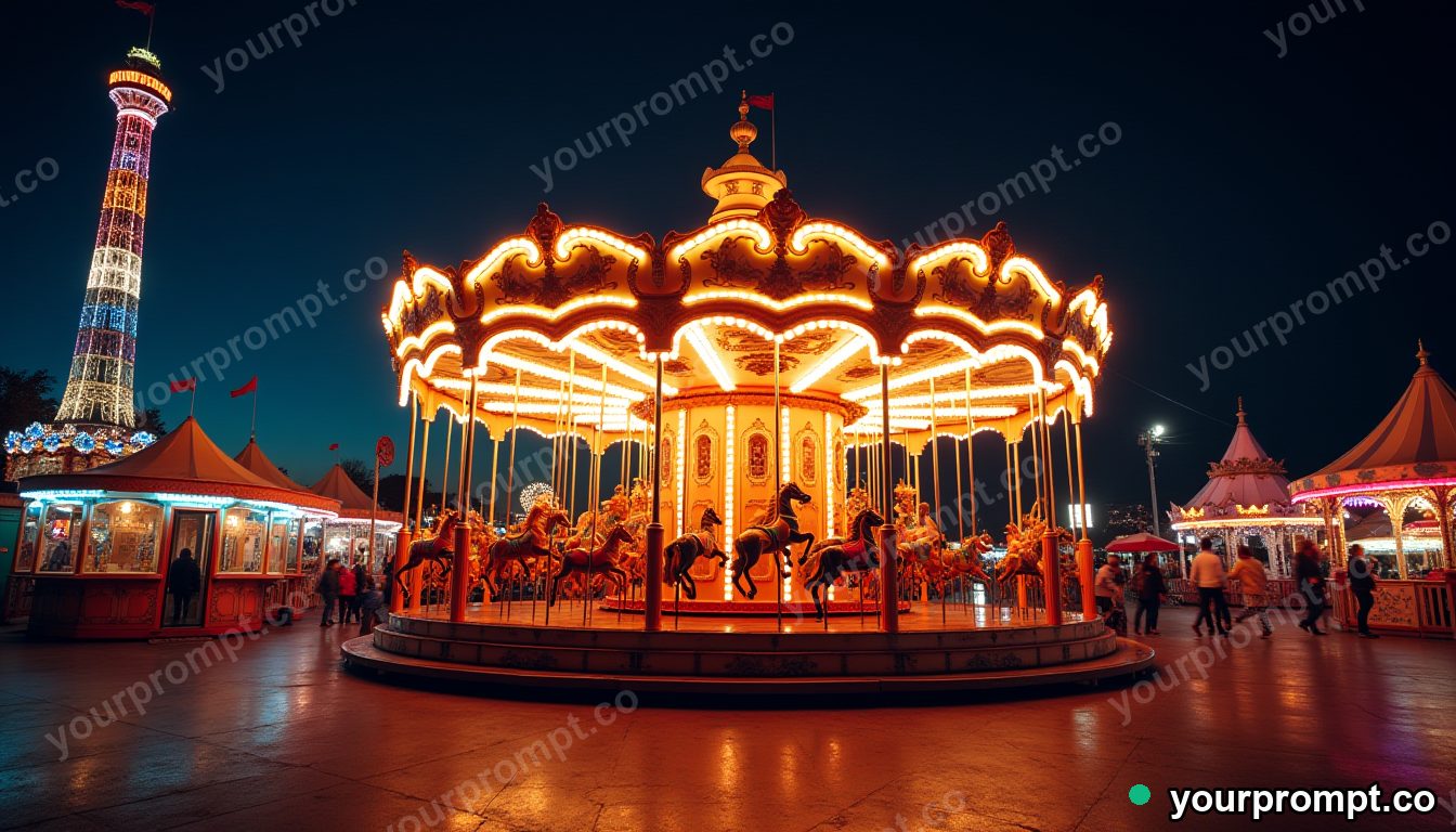 A glowing carousel turning in an empty night fair