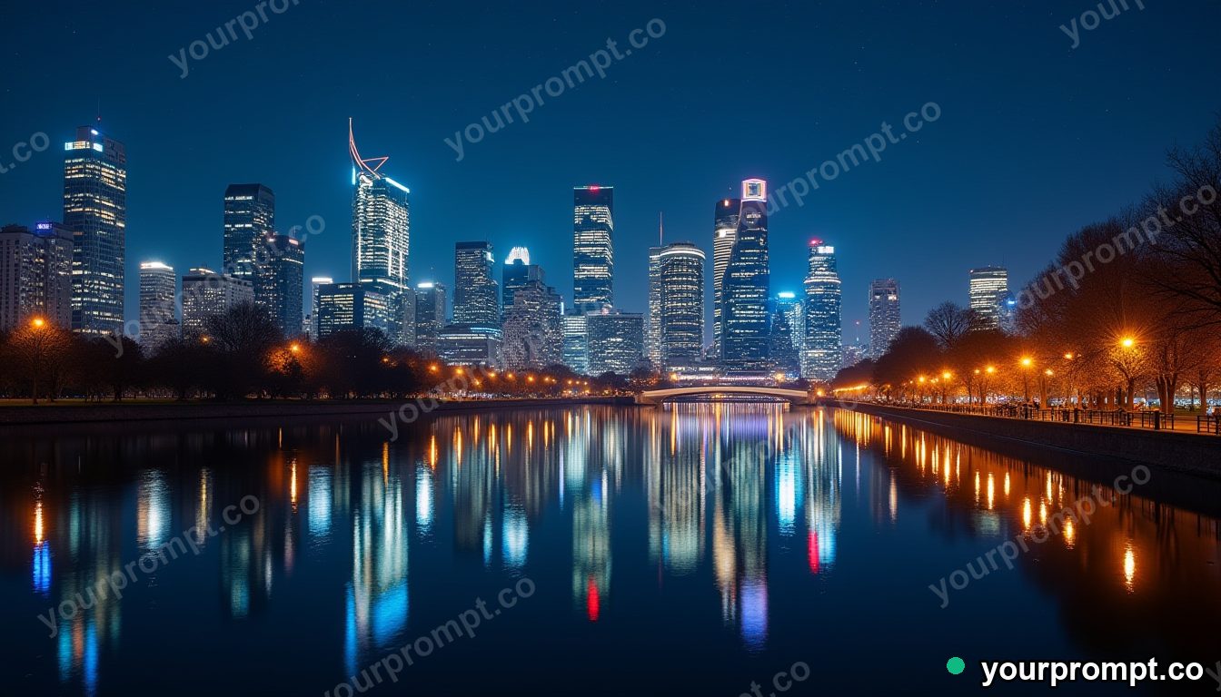 A city skyline mirrored in a calm river at night