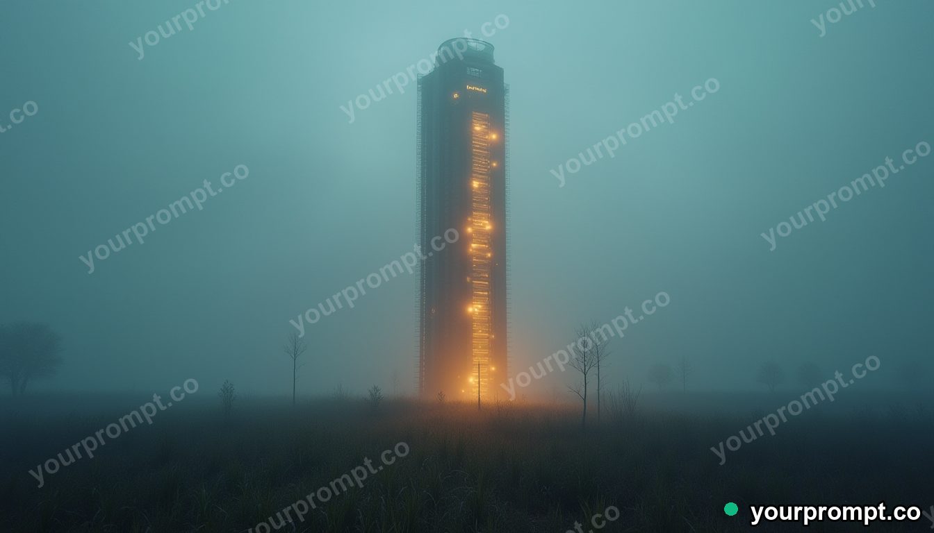 A vertical farm tower glowing inside a future city
