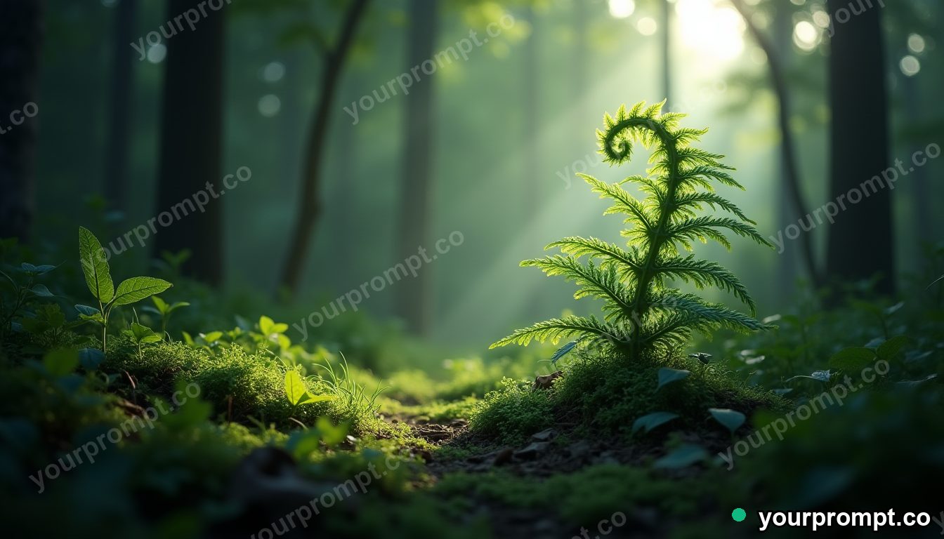 A fern unfurling in dappled forest light