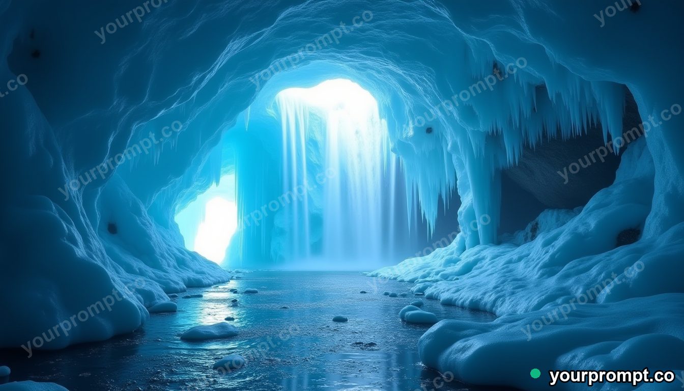 A frozen waterfall inside a blue ice cave