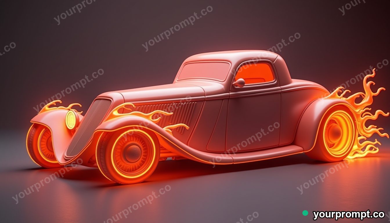 A flame-painted hot rod under studio lighting