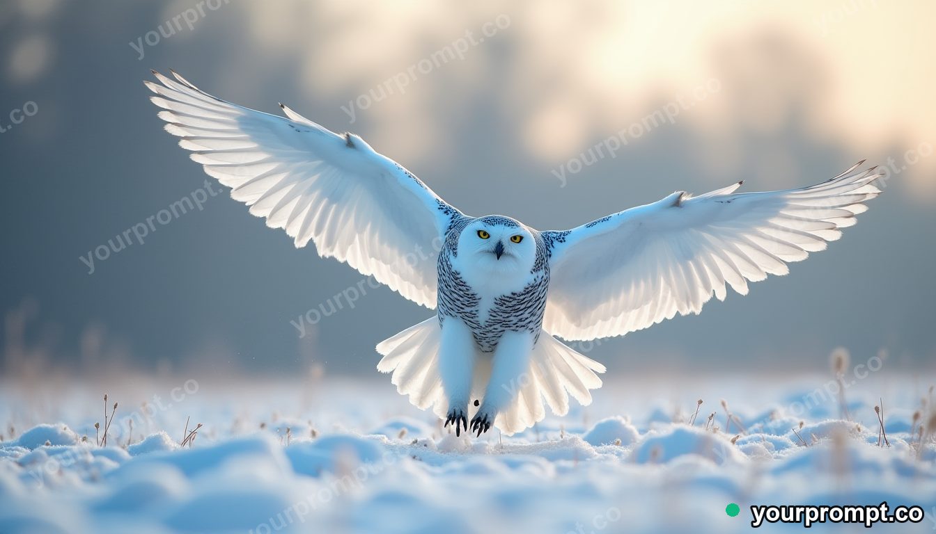 A snowy owl in flight over a winter field