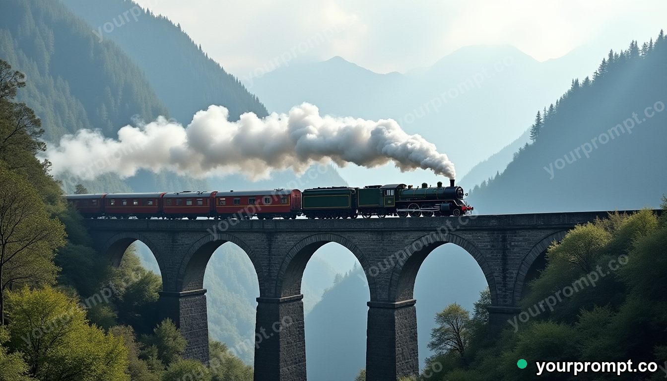 A steam locomotive crossing a stone viaduct in the mountains