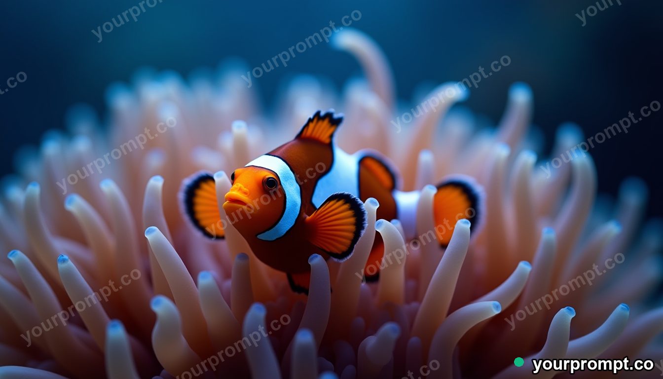 A clownfish nestled in a swaying anemone