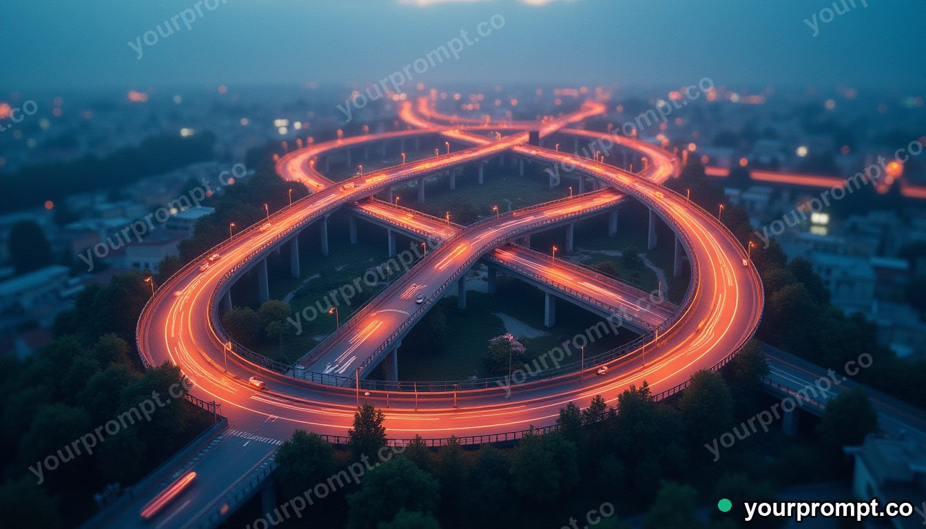 An aerial shot of a spiral interchange highway at dusk