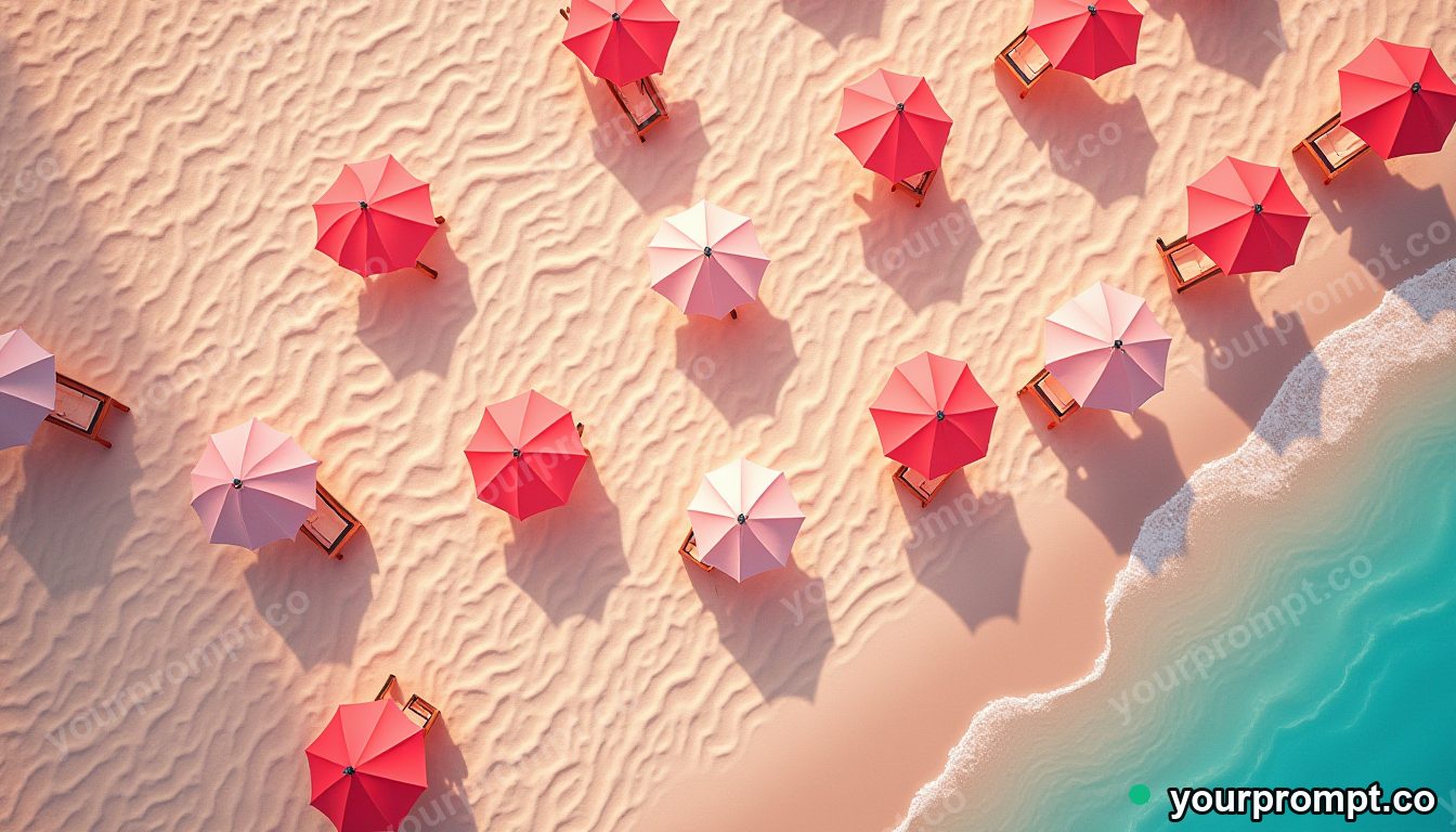 A top-down view of umbrellas scattered on a sandy beach