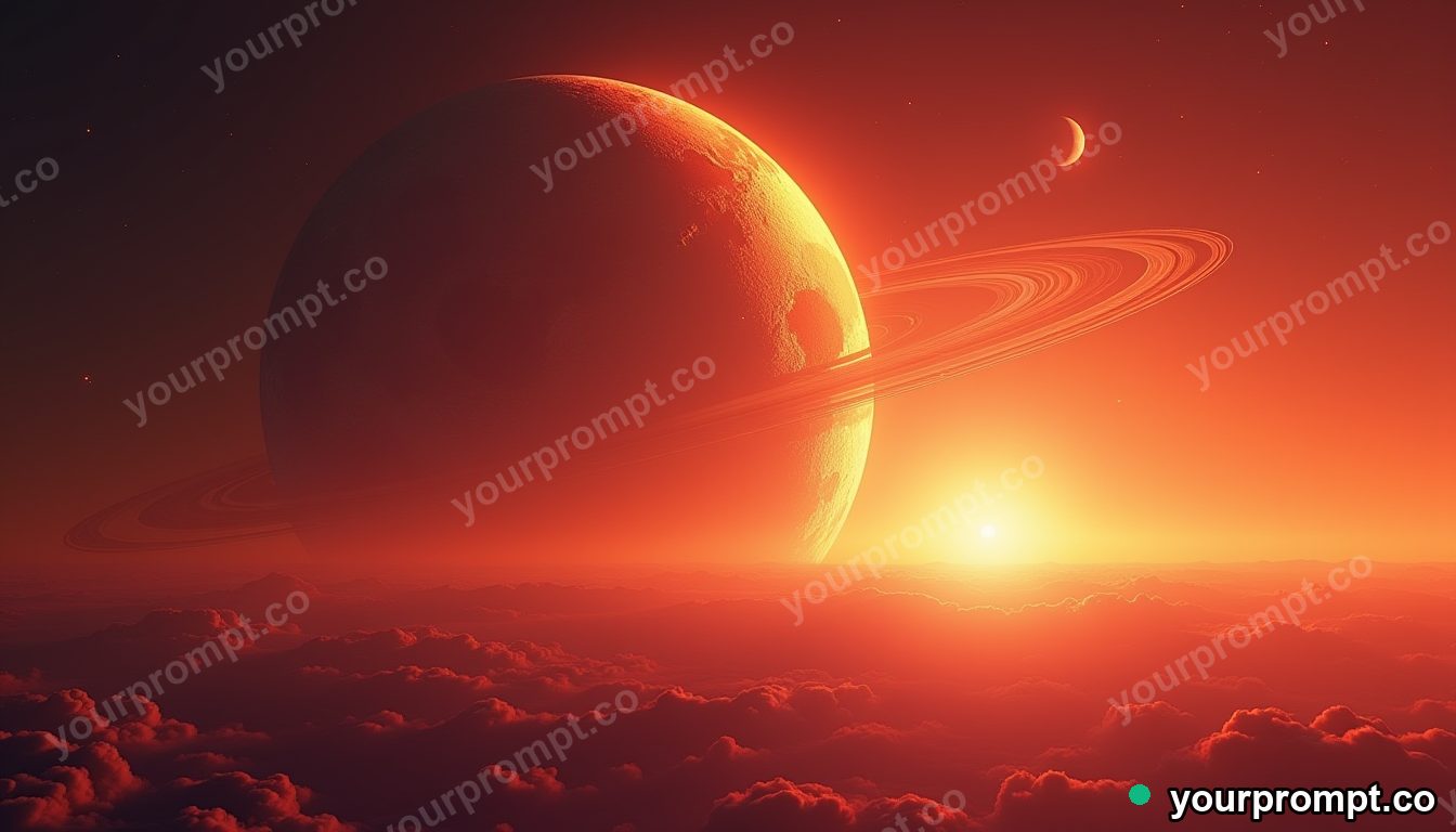 A ringed gas giant rising over an alien moon