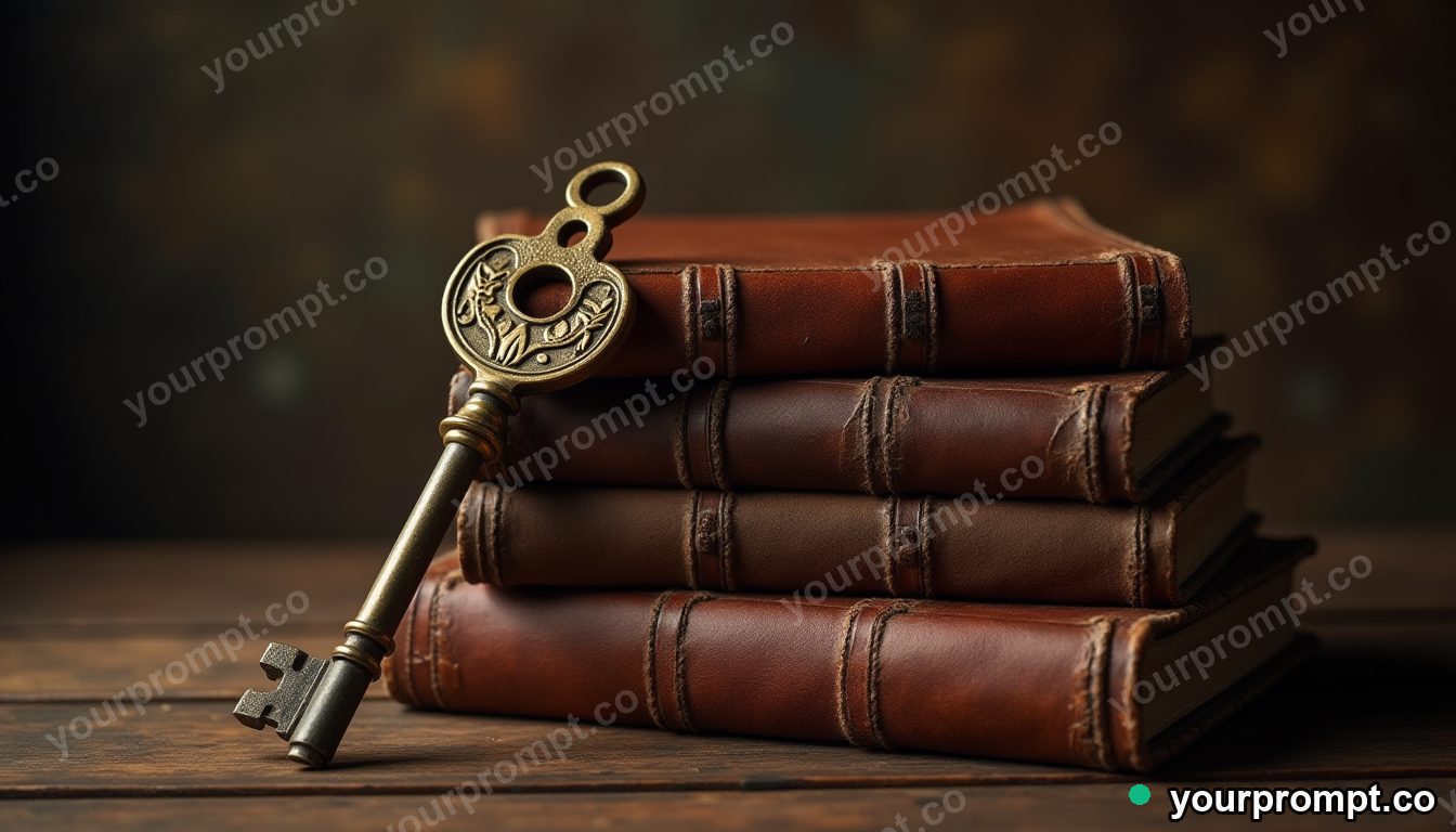 A stack of old leather books with a brass key