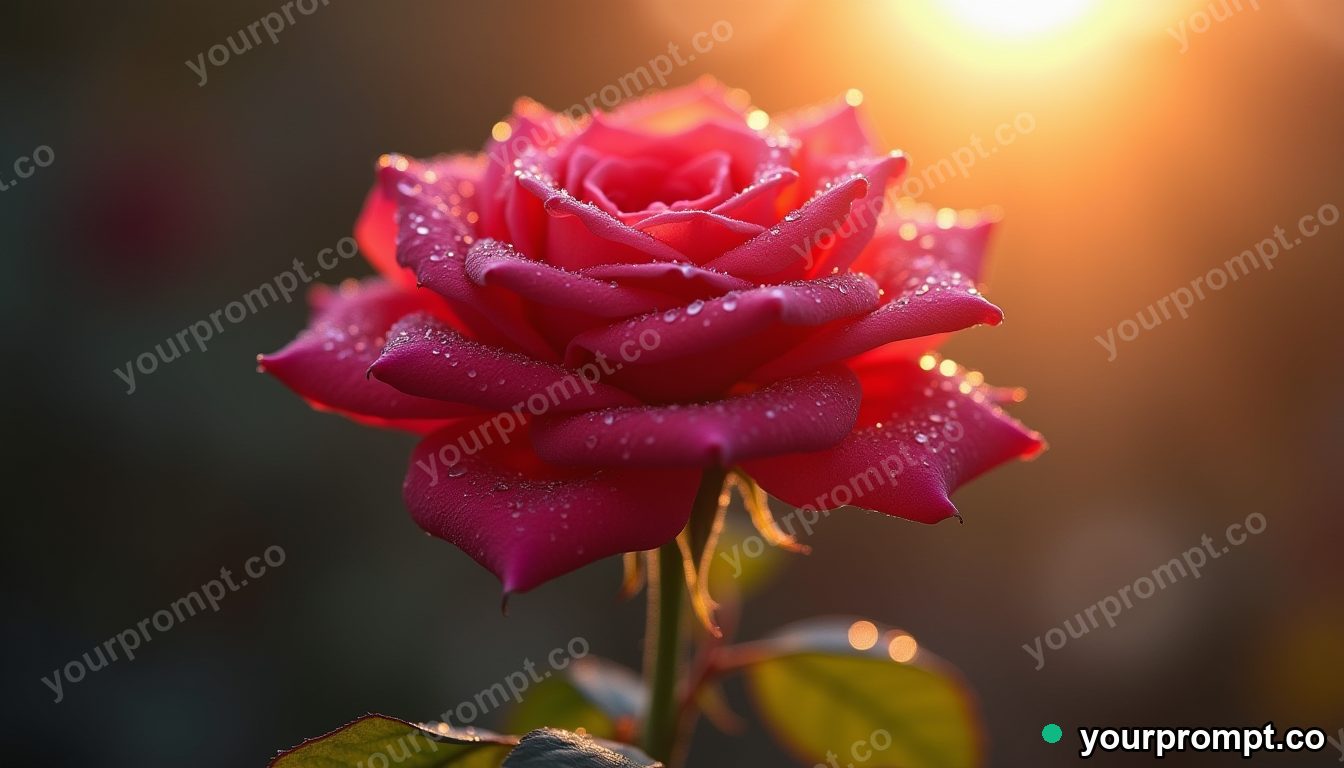 A single dew-covered rose in soft morning light, macro