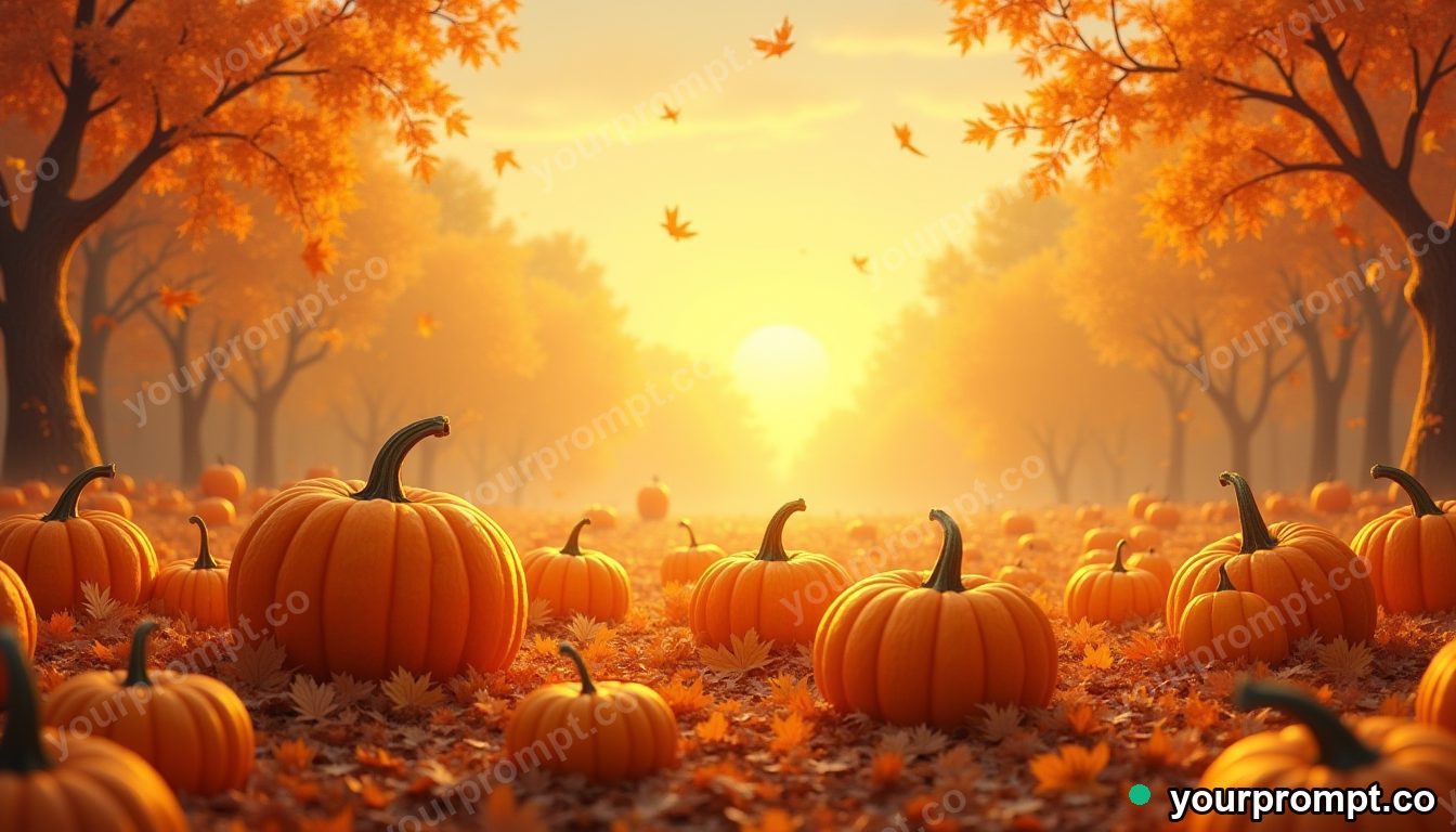 A pumpkin patch under a golden autumn sky