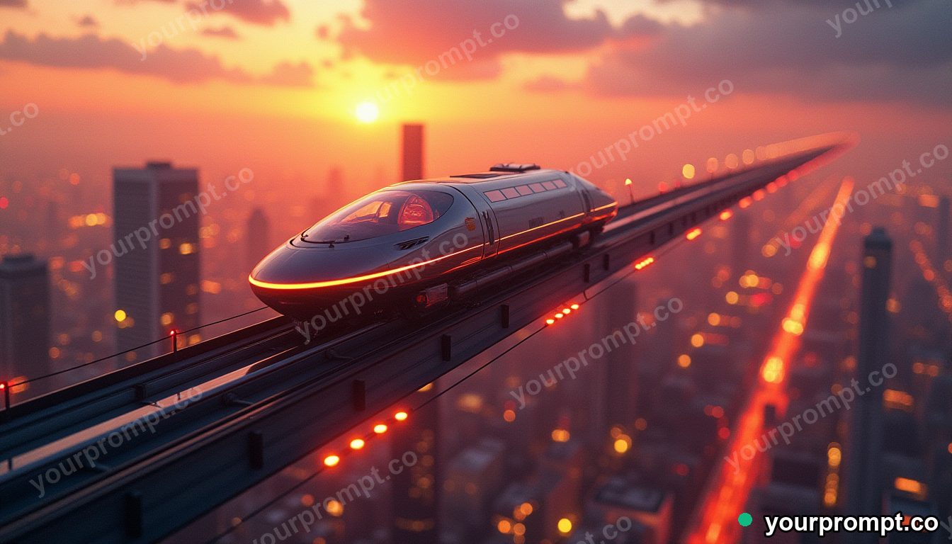 A futuristic maglev gliding over a neon city