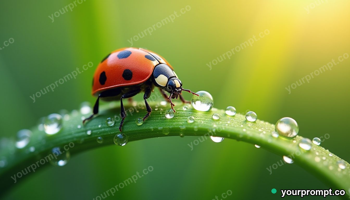 A ladybug on a raindrop-covered blade of grass