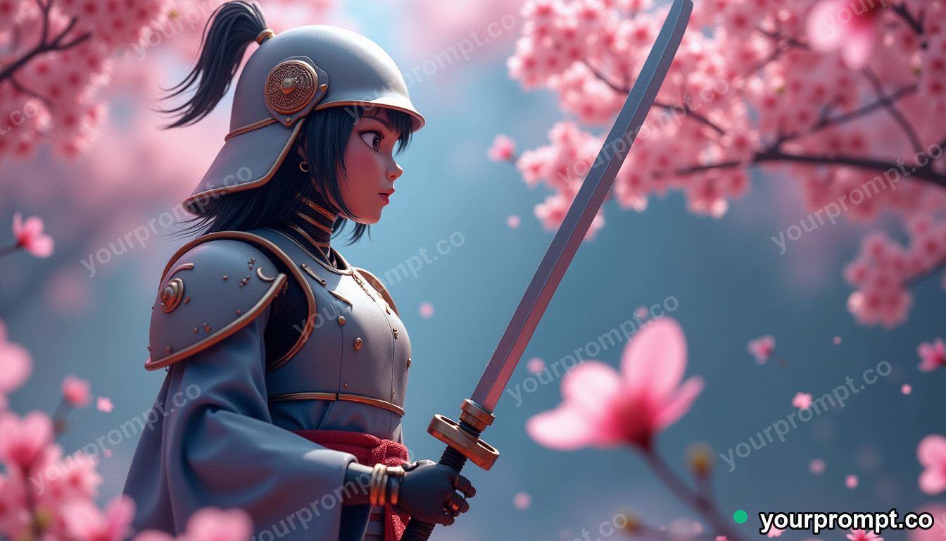 A cyborg samurai under falling cherry blossoms