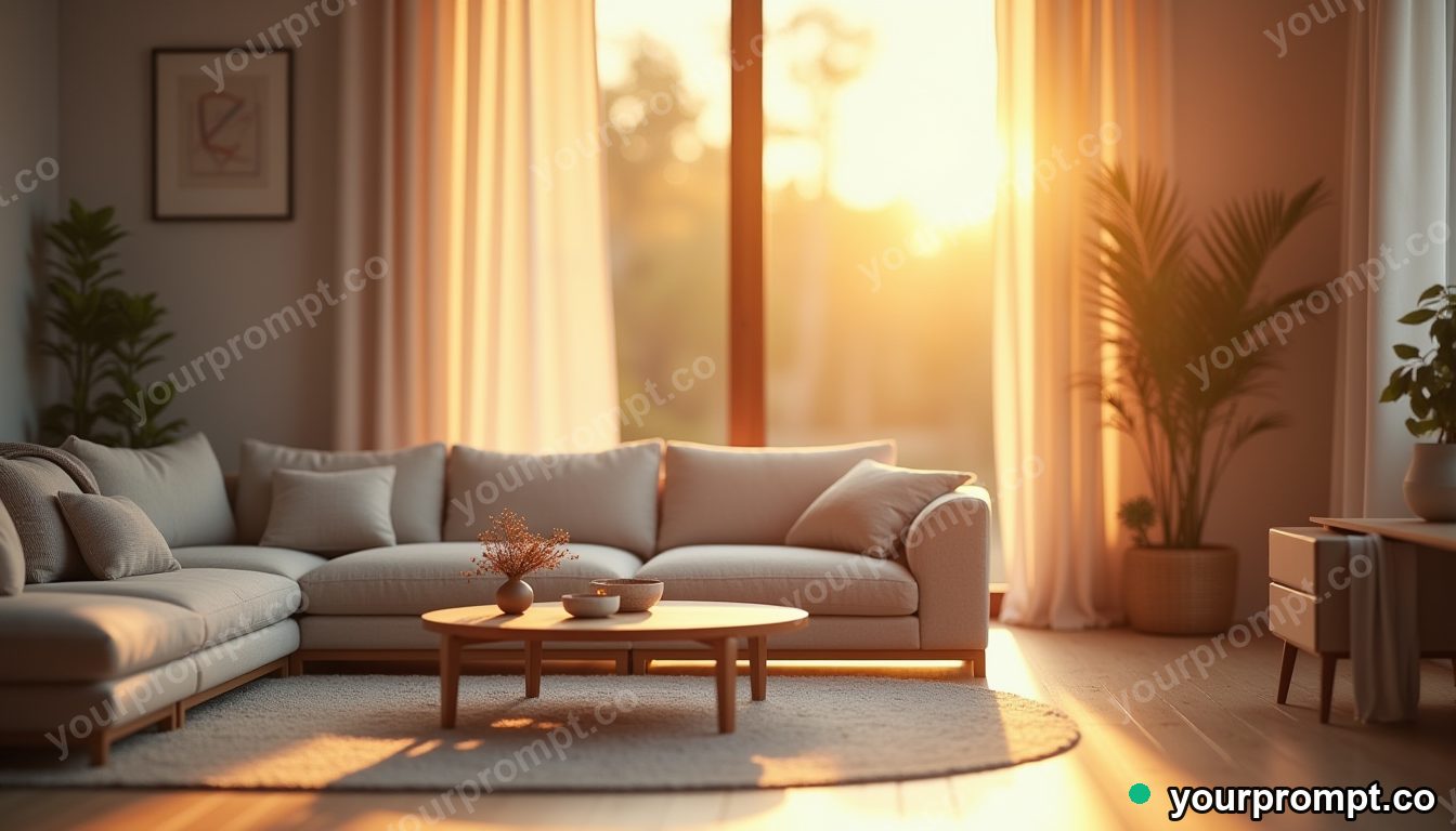 A minimalist Scandinavian living room at golden hour