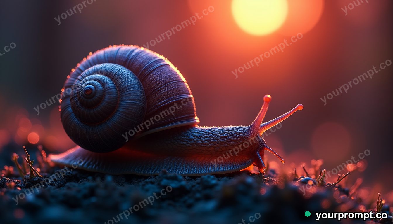 A snail with a glistening shell on a dewy stem