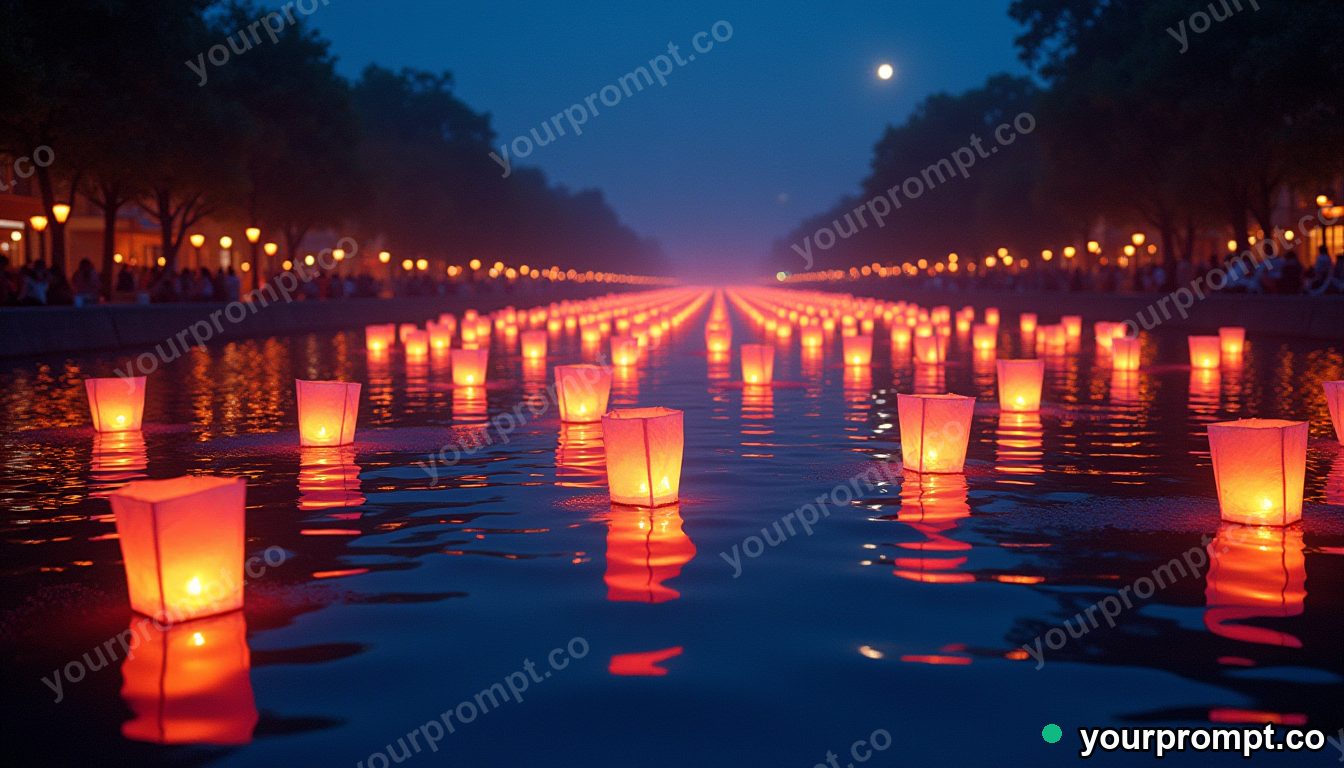 A lantern festival floating glowing lights on a river