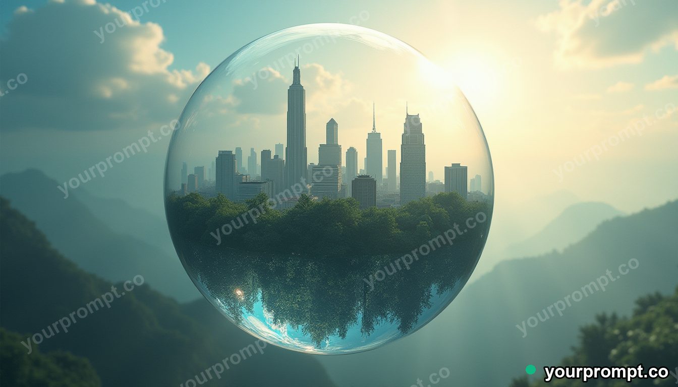 A city floating upside-down inside a giant soap bubble