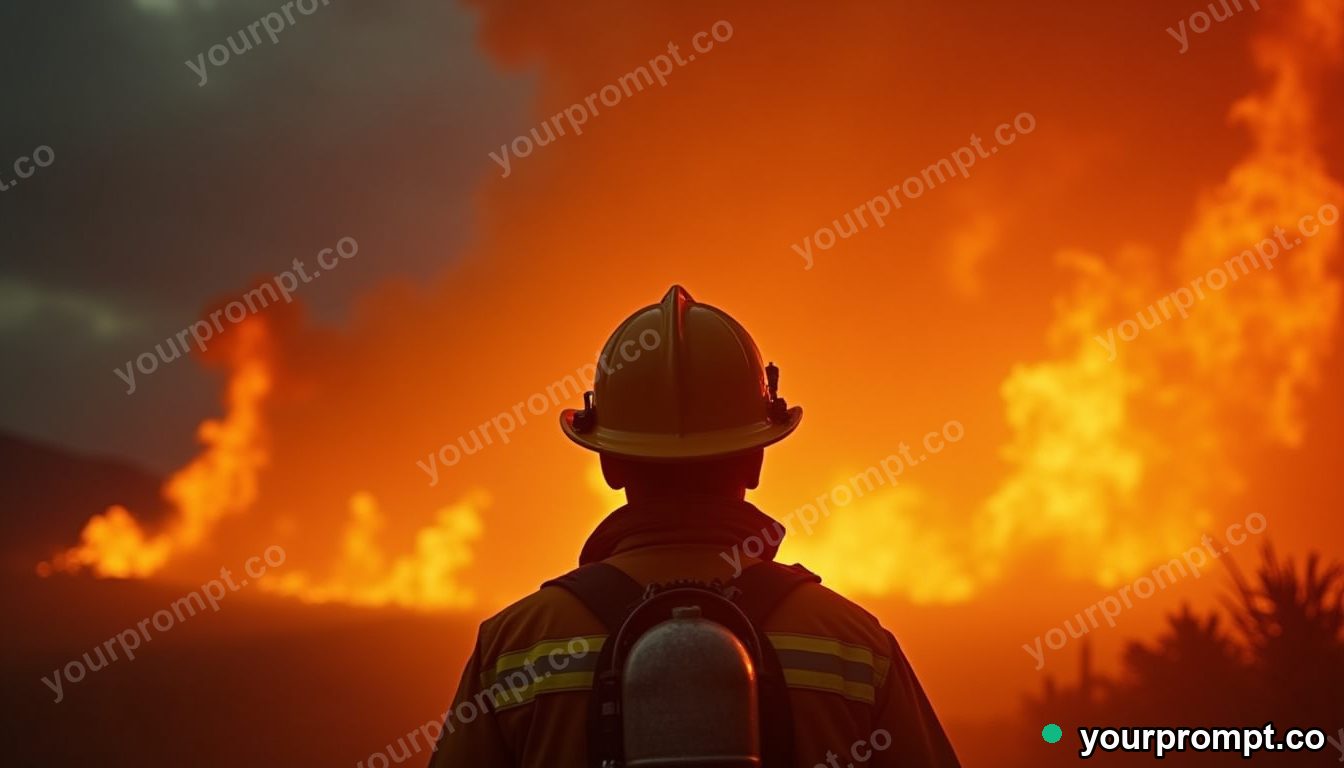 A firefighter silhouetted against orange flames