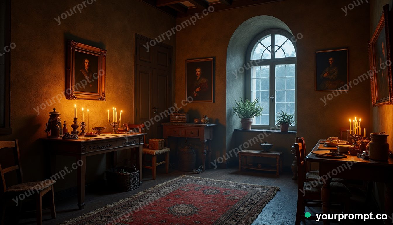A Renaissance painter's cluttered candlelit studio