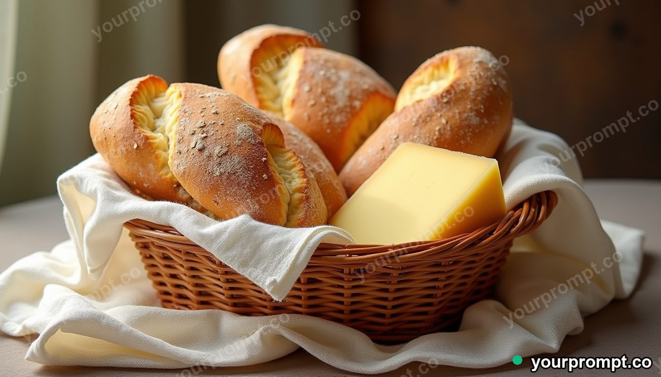 A basket of fresh bread and cheese on linen