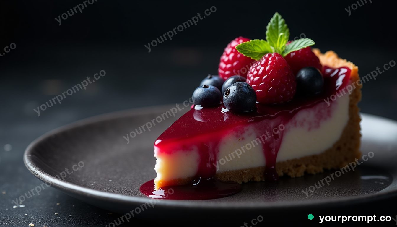 A berry-topped cheesecake slice with mint