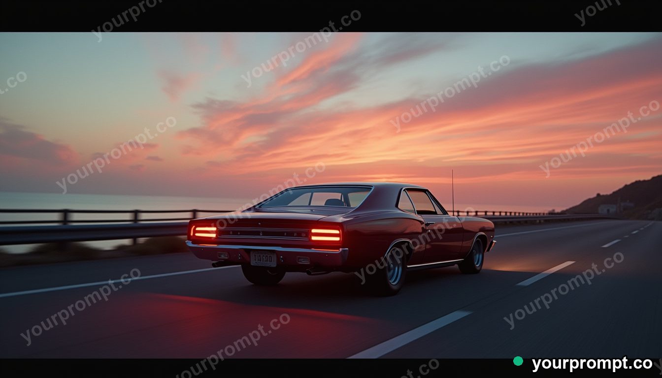 A classic 1960s American muscle car on a coastal highway