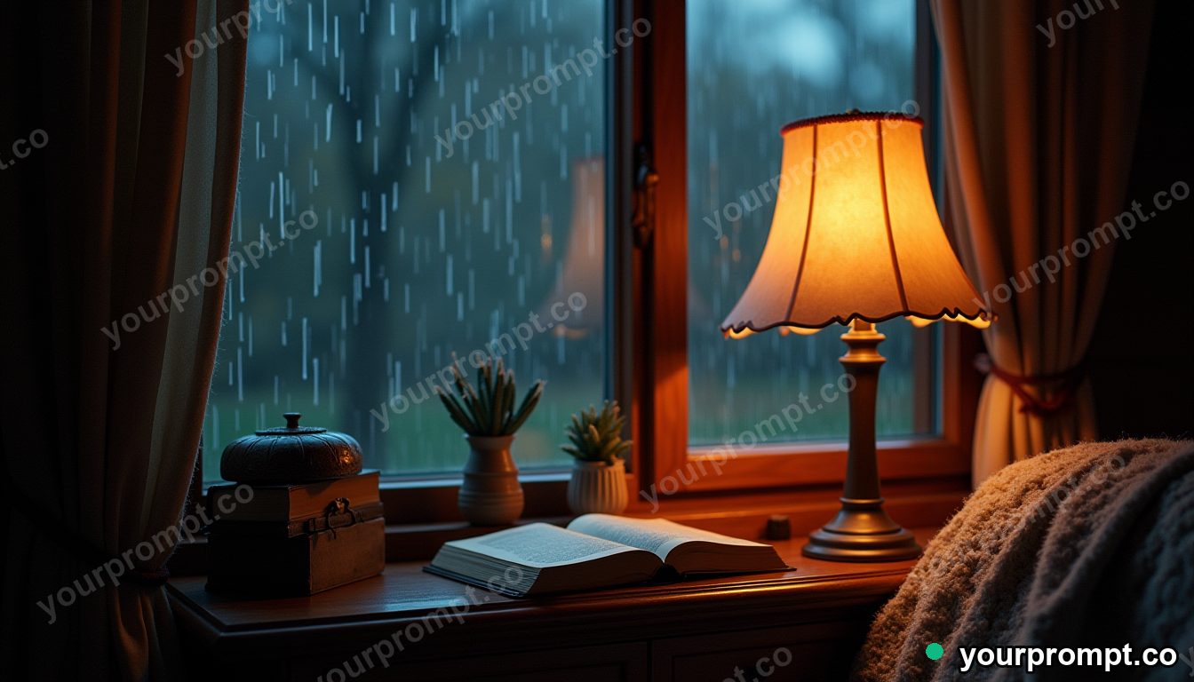 A cozy rainy-day reading nook with warm lamplight