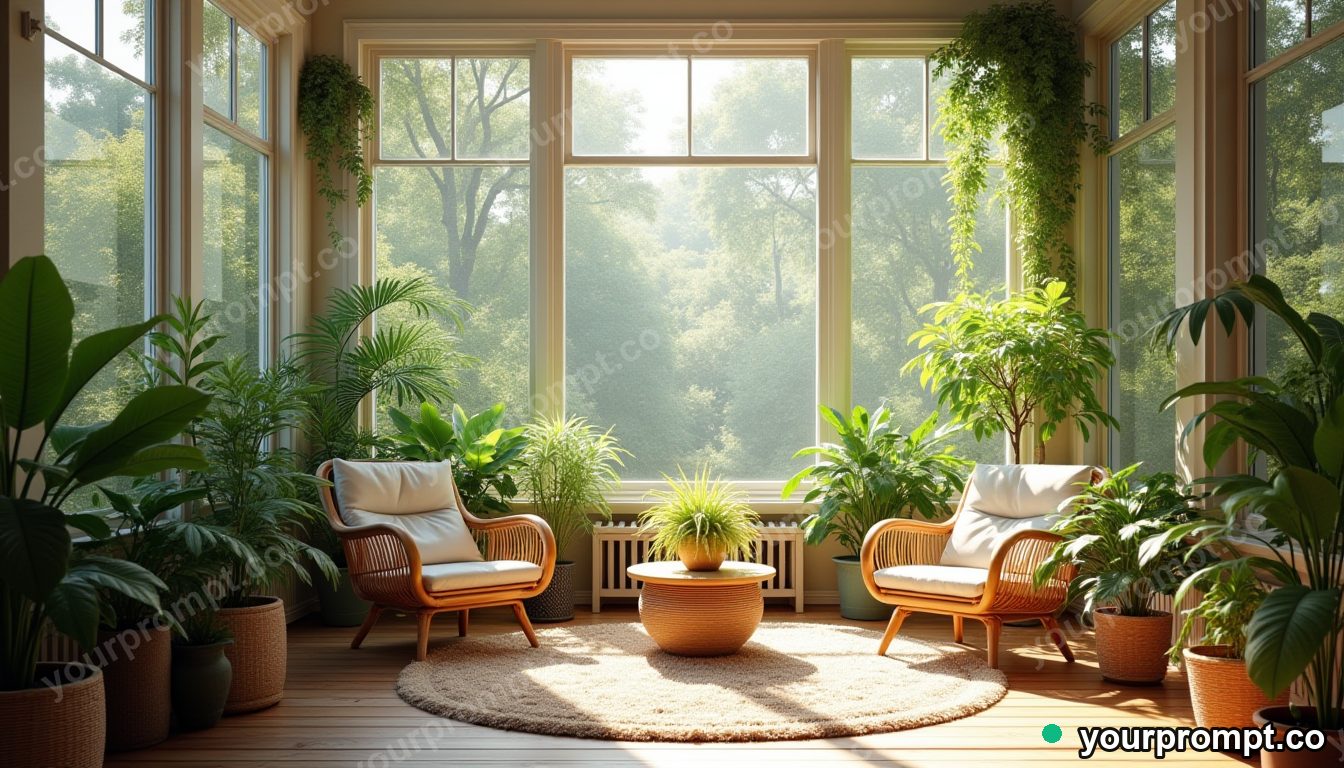 A plant-filled sunroom with rattan furniture