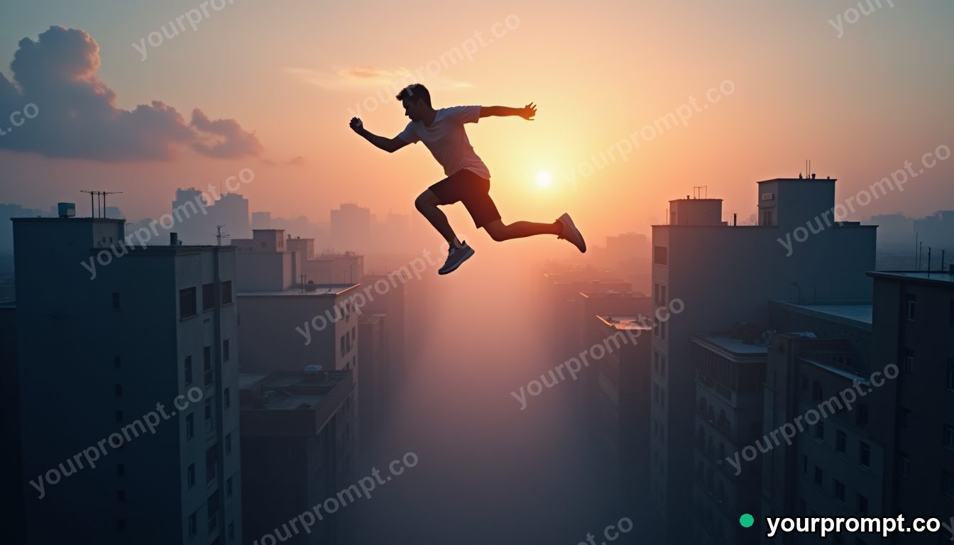 A parkour runner leaping between rooftops at dusk