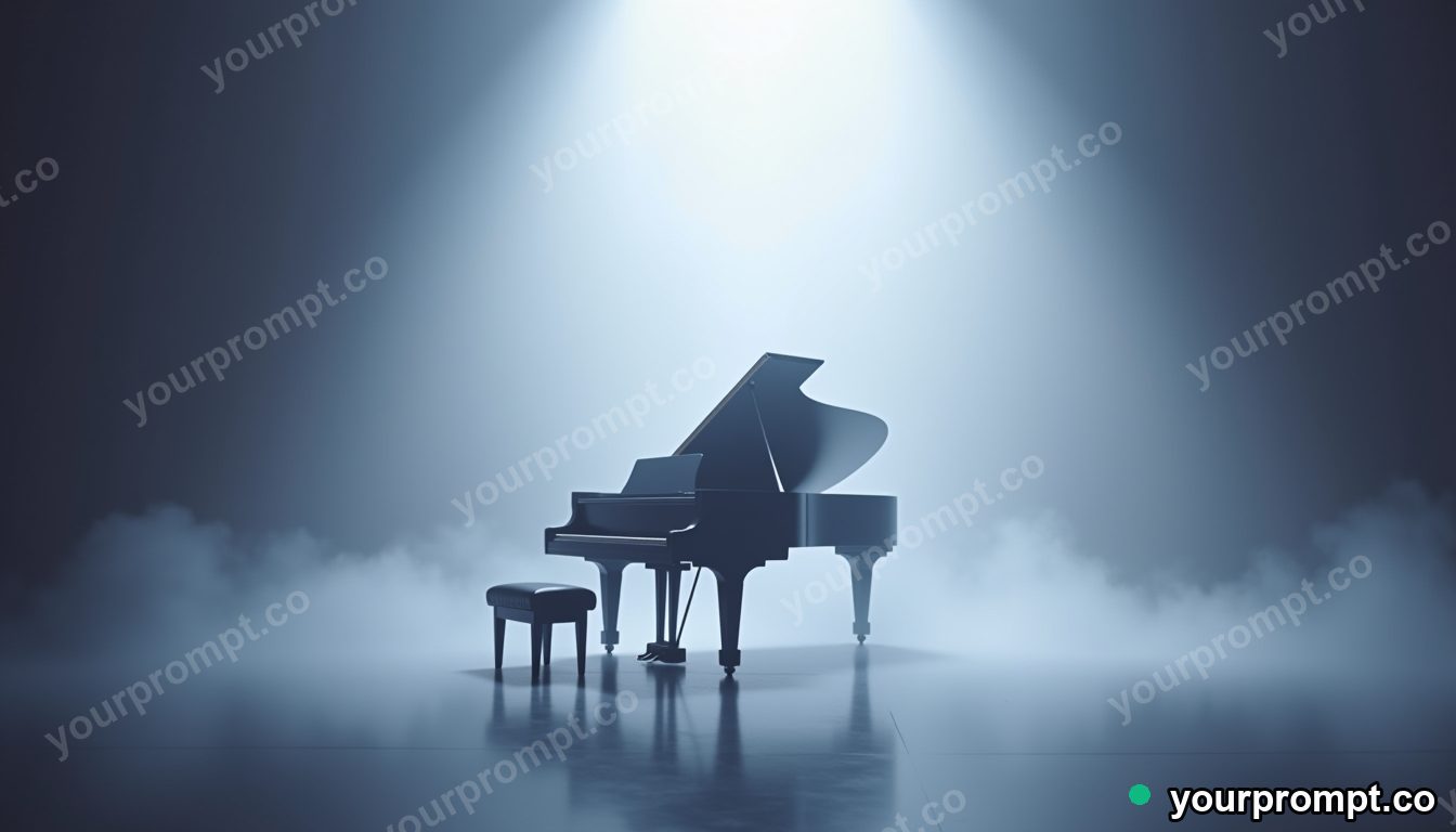 A grand piano on a foggy stage under a single spotlight