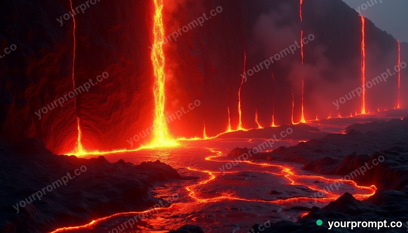 A wall of glowing molten lava cooling to black crust