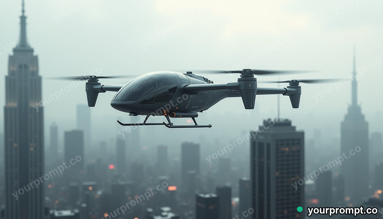 A futuristic eVTOL air taxi over a glass city