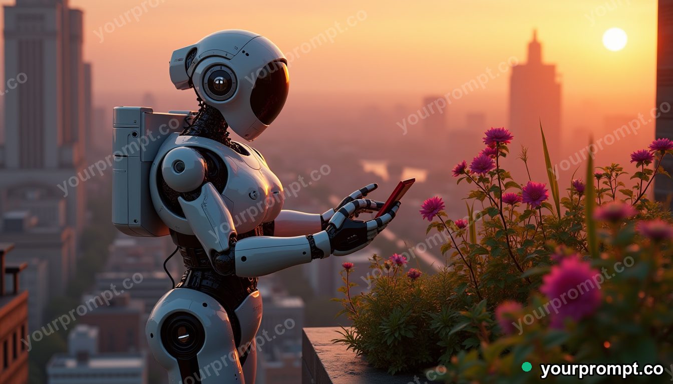 A friendly humanoid robot tending a rooftop garden